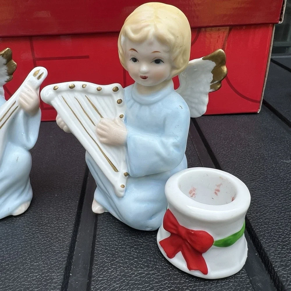 Vtg 1980s Porcelain Musical Angel Taper Candle Holders Aldon Hand Painted Taiwan